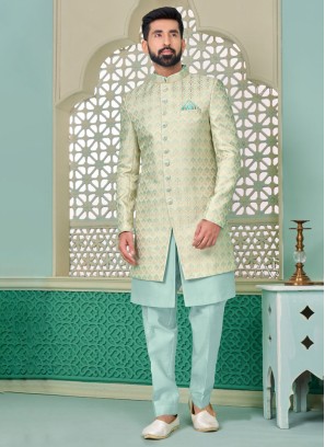 Elegant Jacket Style Silk Indowestern Set For Men