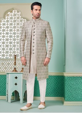 Elegant Light Grey Thread Embroidered Indowestern For Groom