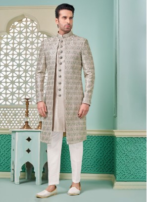 Elegant Light Grey Thread Embroidered Indowestern For Groom