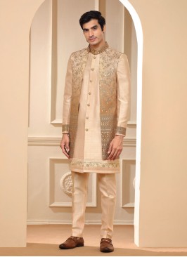 Elegant Light Peach Sequins Embroidered Indowestern For Men