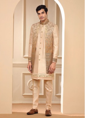 Elegant Light Peach Sequins Embroidered Indowestern For Men