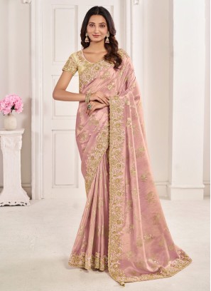 Elegant Light Pink Zari Embroidered Wedding Saree