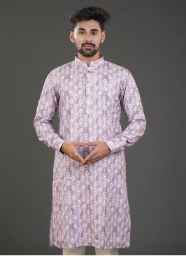 Elegant Light Purple Cotton Silk Printed Kurta For Men