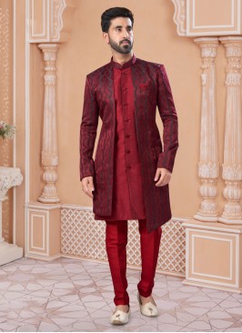 Elegant Maroon Jacquard Silk Jacket Style Indowestern Set