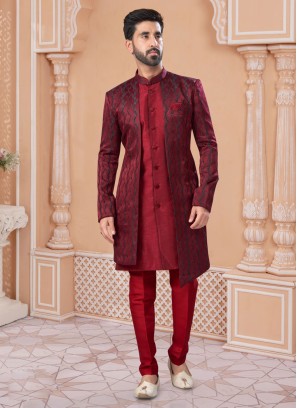 Elegant Maroon Jacquard Silk Jacket Style Indowestern Set
