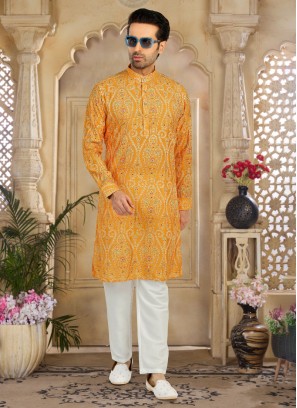 Elegant Mustard Yellow Thread Embroidered Silk Kurta Pajama