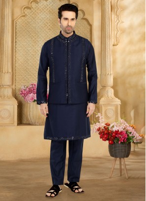 Elegant Navy Blue Cotton Silk Embroidered Nehru Jacket Set