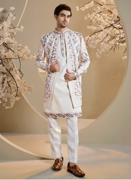 Elegant Off White Groom Jacket Style Thread Embroidered Indowestern Set