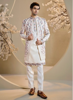 Elegant Off White Groom Jacket Style Thread Embroidered Indowestern Set