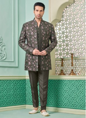 Elegant Palace Green Thread Embroidered Jacket Style Indowestern Set