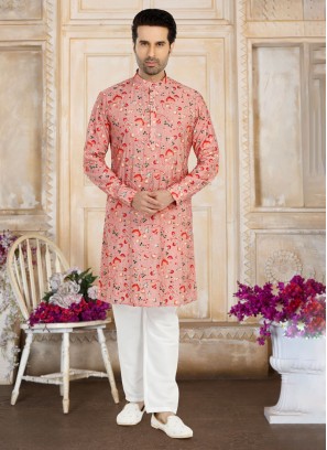 Men's Red Silk Blend Machine Embroidered Kurta Pyjama With Silk