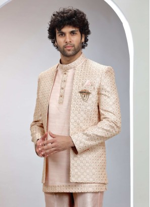 Elegant Pink Groom Jacket Style Thread Embroidered Indowestern Set