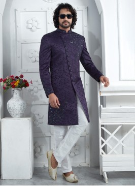 Elegant Purple Jacquard Silk Sherwani Set