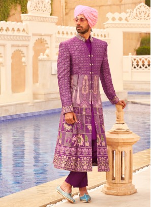 Elegant Purple Mens Indowestern Set With Jacket