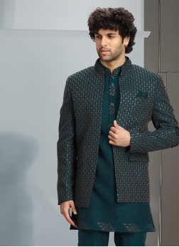 Elegant Rama Green Jacket Indowestern For Men