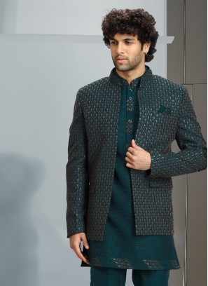 Elegant Rama Green Jacket Indowestern For Men