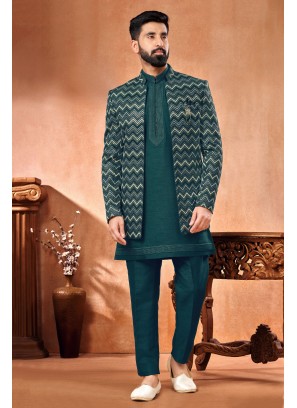 Elegant Rama Green Jacket Style Indowestern For Men