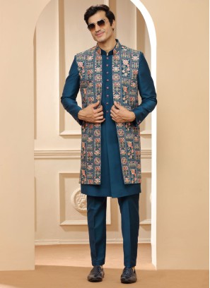 Elegant Teal Blue Thread Embroidered Indowestern For Men