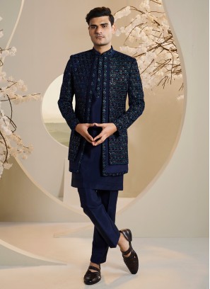 Elegant Thread Embroidered Jacket Style Indowestern For Groom