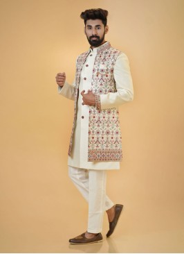 Elegant Thread Embroidered Jacket Style Indowestern For Groom