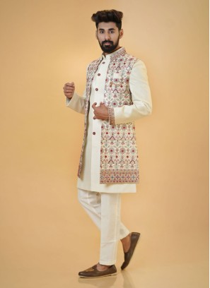 Elegant Thread Embroidered Jacket Style Indowestern For Groom