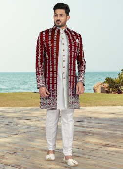 Elegant White And Maroon Thread Embroidered Indowe