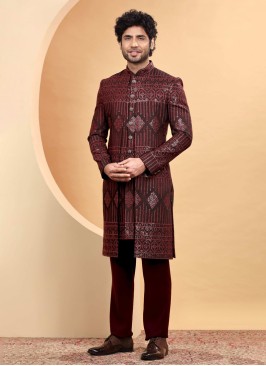 Elegant Wine Embroidered Jacket Style Indowestern Set