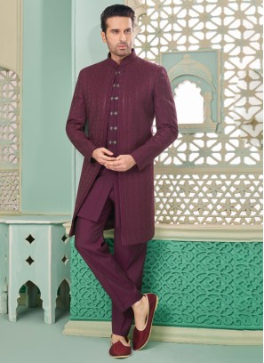 Elegant Wine Silk Jacket Style Indowestern Set