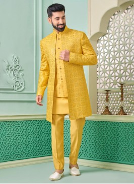 Elegant Yellow Jacket Style Indowestern Set For Men
