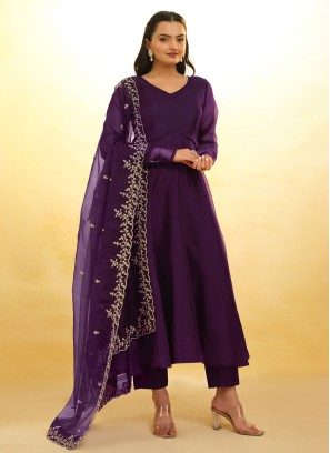 Dark Purple Anarkali Suit With Zari Embroidered Dupatta