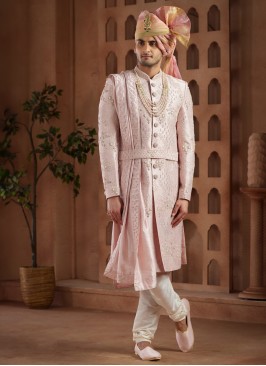 Embroidered Pink Designer Wedding Sherwani Set Wit
