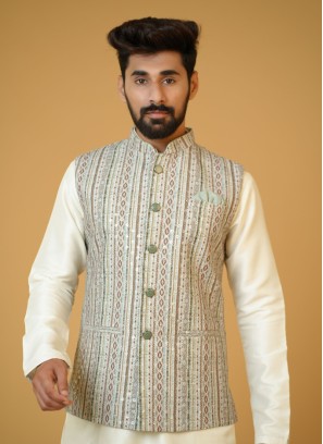 Embroidered Pista Green Mens Nehru Jacket