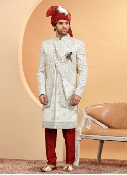 Embroidered White Designer Wedding Sherwani