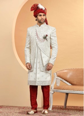 Embroidered White Designer Wedding Sherwani