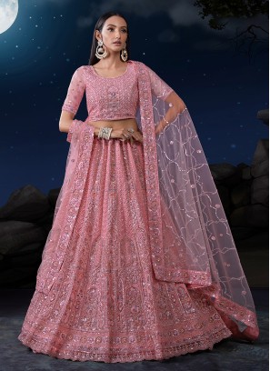 Delightful Pink Soft Net Embroidered Lehenga Choli