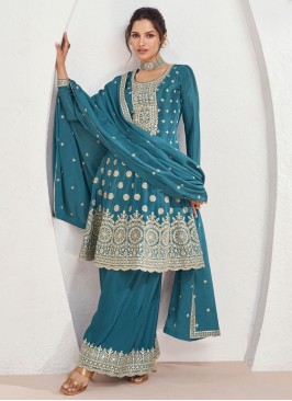 Festive Wear Embroidered Palazzo Suit With Dupatta