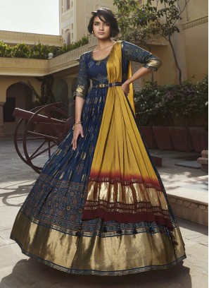 Ethnic Blue Ajrakh Printed Gajji Silk Anarkali Dress