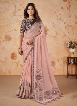 Mesmerizing Peach Colored Satin Silk Embroidered S