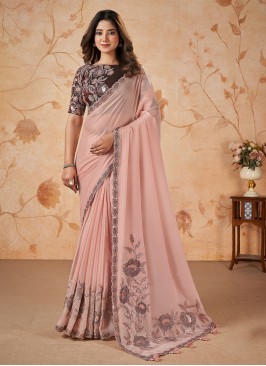 Mesmerizing Peach Colored Satin Silk Embroidered Saree