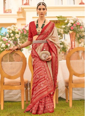 Stunning Beige & Red Silk Contemporary Saree