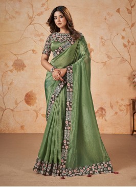 Pista Green Thread Floral Embroidered Silk Saree