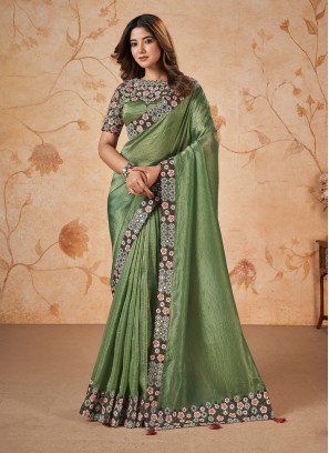 Pista Green Thread Floral Embroidered Silk Saree