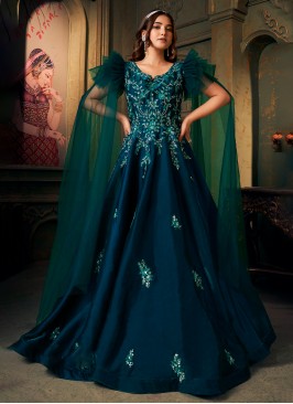 Rama Blue Bridal Gown In Silk With Fancy Sleeves