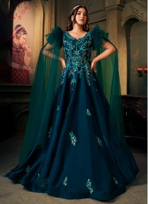 Rama Blue Bridal Gown In Silk With Fancy Sleeves