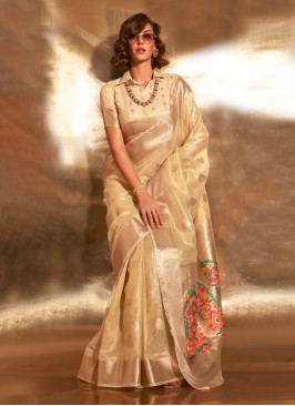 Gorgeous Golden Cream Woven Tissue Saree