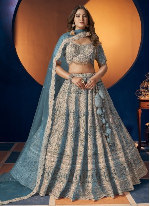 Exclusive Sky Blue Designer Net Lehenga Choli For Wedding