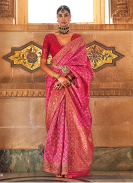 Stunning Pink Designer Woven Embroidered Saree