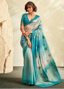 Sky Blue And Grey Weaving Khadi Silk Saree