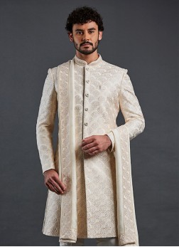 Exquisite Beige Silk Sherwani Set With Embroidery