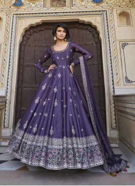 Exquisite Purple Embroidered Silk Anarkali Dress